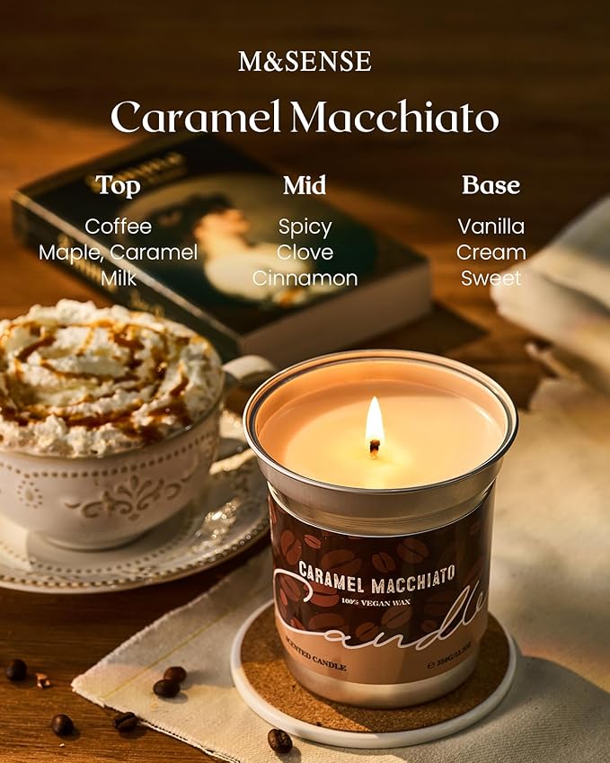 M&SENSE Coffee Candles Caramel Macchiato Scented, Soy Based Wax 12.3oz 75 Hours Non Toxic Clean Burn, Highly Scented Relaxing Candle for Home, Holiday Aromatherapy Gifts for Coffee Lovers
