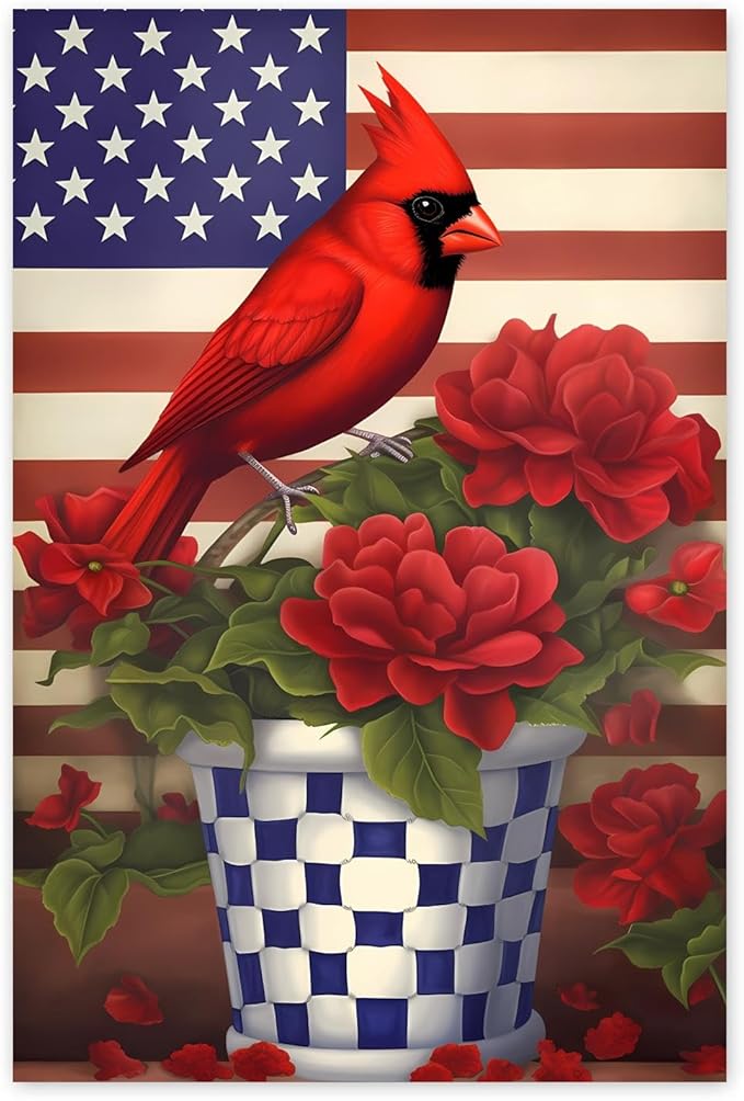 GUAIEUW Flowerpot Red Bird Flag Diamond Painting Kit for Adults, Full Round Diamond Cardinal Bird 5D Diamond Painting DIY Art Crafts for Winter Home Wall Decor Holiday Gift 20x30 Inch