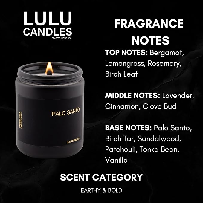 Lulu Candles | Palo Santo | Wood Wick | Luxury Scented Soy Jar Candle | Hand Poured in The USA | Highly Scented Long Lasting (8 Oz. Mason Jar)