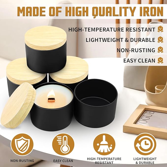 12-Pack Candle Jars, 4oz Candle Tins with Metal Wood-Grain Printing Lids, Empty Metal Candle Jars for Making Candles Bulk Candle Containers -Black
