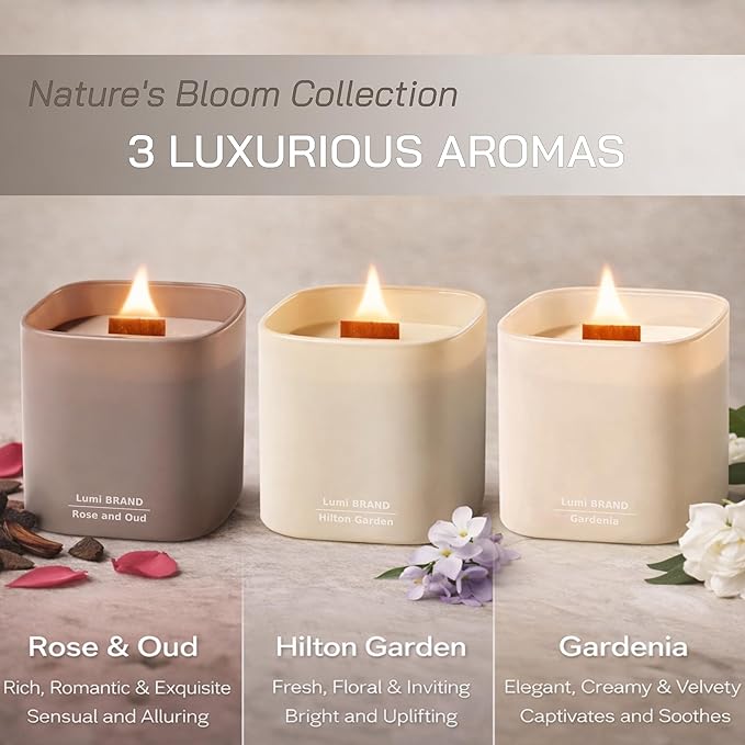 Set of 3 Premium Scented Soy Candles Gift Set | Nature's Bloom Collection - Gardenia, Hilton Garden and Rose & Oud | Crackling Wood Wick | Luxury Candles for Relaxation, Home Décor, Gifts | 9.8oz Each