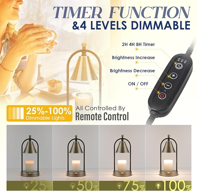Soilsiu Candle Warmer Lamp with Timer, Electric Brass Light for Dimmable Wax Melts and Candle Jars, Bedroom Lamp Gifts for Women Home Decor (2 Bulbs)