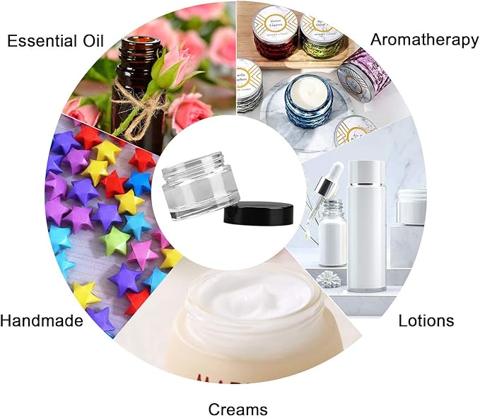 Encheng 30 Pack of 2 oz Clear Round Glass Jars,with Inner Liners and black Lids,Empty Cosmetic Containers,Cream jars