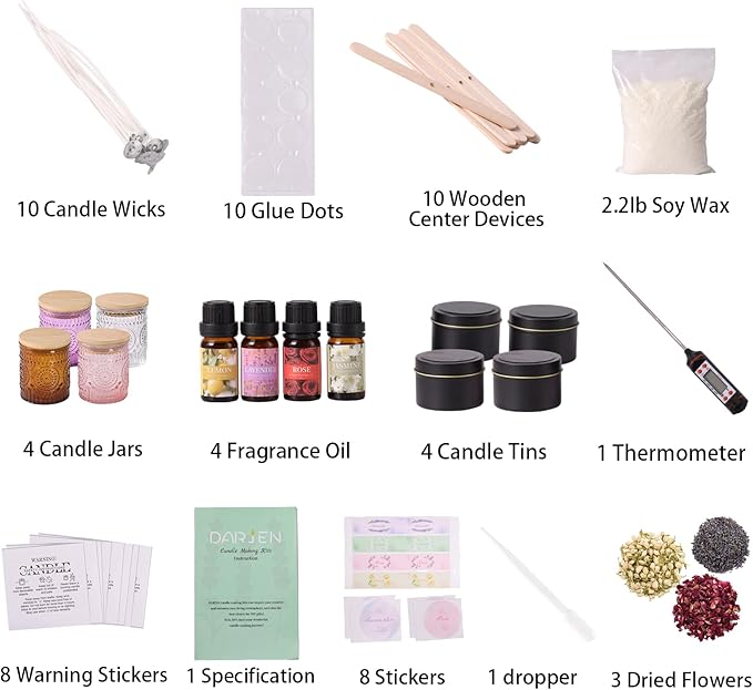 DARJEN Candle Making Kits - Soy Candles Making Supplies for Adults Including 4 Candle Jars(Clear, Pink, Amber, Purple), Candle Tins, Wax, Scents, Dried Flower & More, DIY Arts & Crafts Kits Home Decor