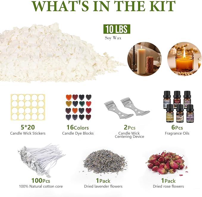 FUHITIM Soy Candle Wax Kit for Candle Making 10 lbs Bag, Premium Natural Soy Wax Flakes, No additives and Pure, 100 Cotton Candle Wicks, Fragrance Oils, Dried Flowers & Pigment Colors