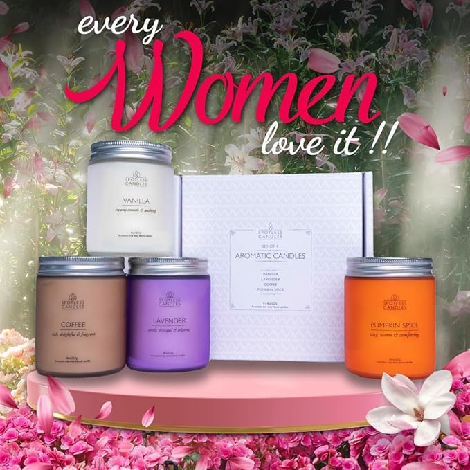 Candles for Women - 4 x 8oz Coloured Glass Jars 3" x4 Mixed Set of Classic Scents Pumpkin Spice, Coffee, Vanilla, Lavender 200 Hours Burn Time, Classic Candle Set for Men & Women by Spotless Leopard