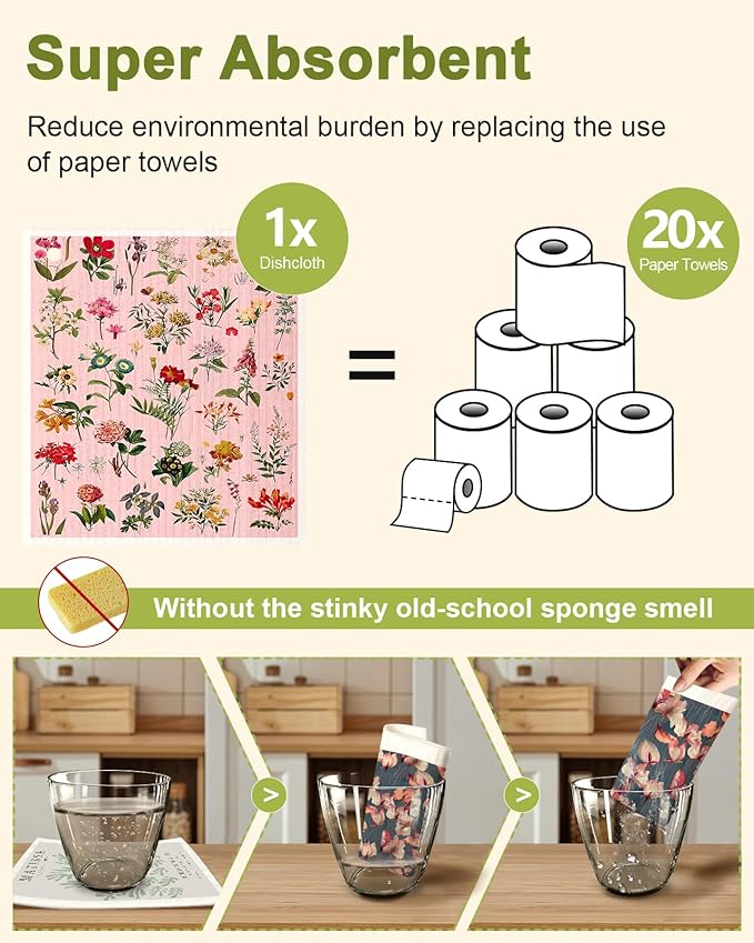 Miss Adola 8 Pack Reusable Kitchen Swedish Dishcloths for Washing Dishes - Absorbent Fast Drying Cleaning Sponge with Cute Flower Design - Washable Decor Cloths