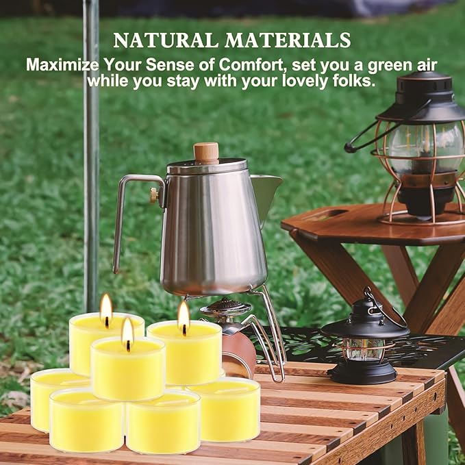 50 Pack Clear Tea Lights Candles Bulk, Summer Citronella Candle Outdoor and Indoor, for Birthday Emergency Home Garden(8 Hour, Yellow)