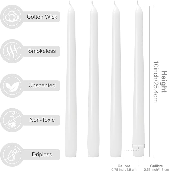 10-Inch White Taper Candles - Dripless Candlesticks Smokeless Tapered Candle Tall Unscented Long Tapered Candle Paraffin Wax with Cotton Wicks for Dinner Parties 8 Hours Slow Burn of 12 Pack