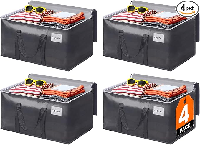ElegantArray 4 Pack Moving Bags Heavy Duty, Moving Boxes, Storage Bags with Zipper & Handles & Tag for College & Dorm Moving Supplies Grey Laundry Hamper Bag, Foldable Space-saving Totes (125L, Grey)