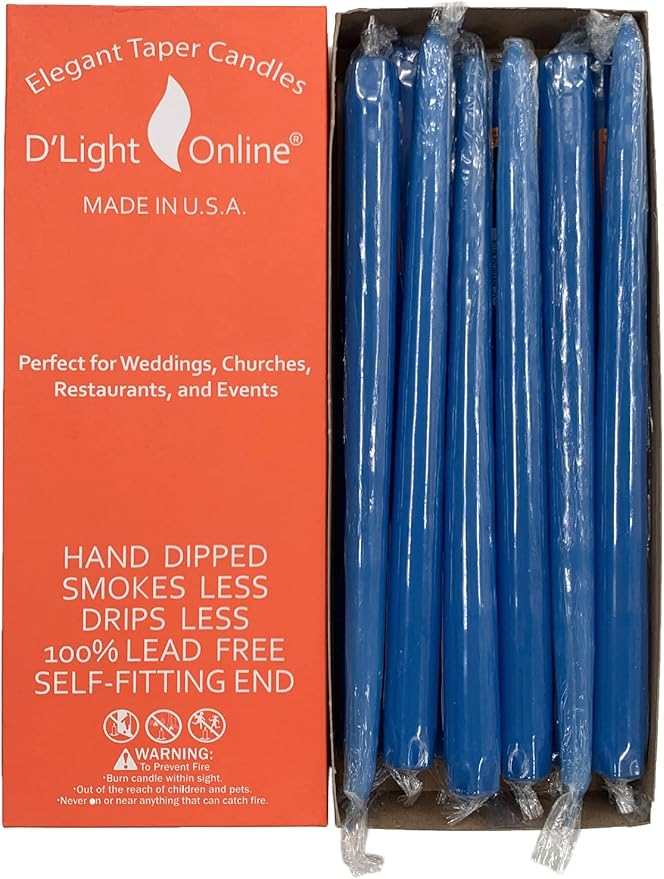D'light Online Elegant 10" Unscented Medium Royal Blue Taper Candles, Premium Quality Hand-Dipped Tapered Candles, Dripless and Smokeless - Set of 12 Individually Wrapped (10 Inch, Medium Blue)