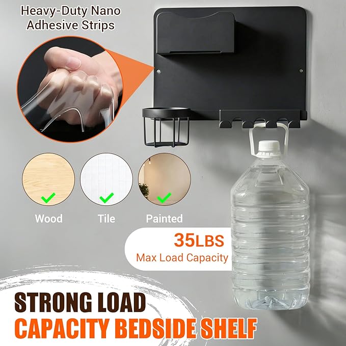Floating Bedside Shelf & Bedside Wall Organizer, Metal with Detachable Cup Holder, No-Drill Wall Mounted Storage for Bedroom, Dorm, Teen Girls Room, Loft Bed, RV, Bunk Bed & Small Space Organization