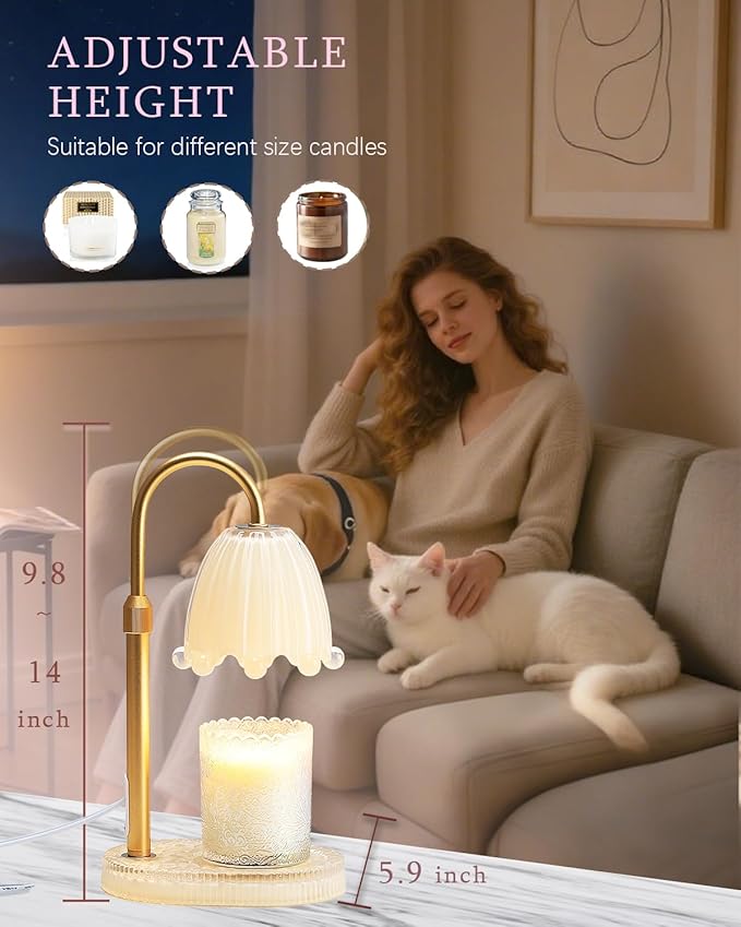 Flower Candle Warmer Lamp with Timer, Vintage Adjustable Glass Warmer Light for Jar Candles, Electric Wax Warming Melter, Gifts for Women Mom, Bedroom Decor (Yellow-Flower)