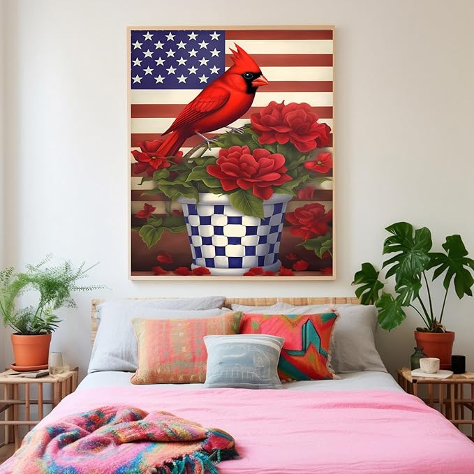 GUAIEUW Flowerpot Red Bird Flag Diamond Painting Kit for Adults, Full Round Diamond Cardinal Bird 5D Diamond Painting DIY Art Crafts for Winter Home Wall Decor Holiday Gift 18x24 Inch