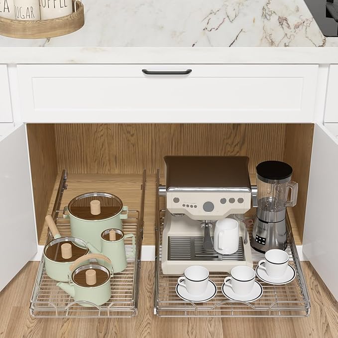 OCG Pull Out Cabinet Organizer 2 Pack (21" W x 21" D), Pull out Shelves 1 Tier, Cabinet Slide Out Shelves for Base Cabinet Organization in Kitchen Bathroom Pantry, Bottom Mount, Chrome Finish