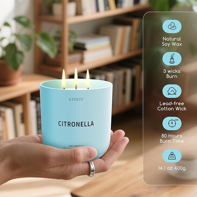 Citronella Candles Indoor Outdoor, 14.2oz Large Scented Candle for Home, Long Lasting Aromatherapy Candles | Non-Toxic Essential Oil & Soy Wax | Natural Herbal & Woody Aroma