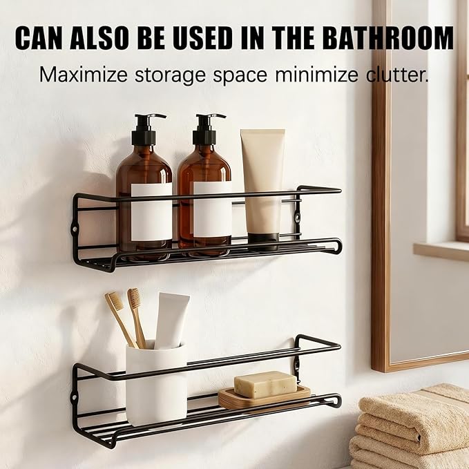 Carbon Steel Wall-Mounted Kitchen Spice Rack,Wall-Mounted Spice Rack Heavy-Duty Space-Saving Organizer with Adhesive or Screw Mountable, for Cabinet Doors, Pantry Walls (4Pcs Black)