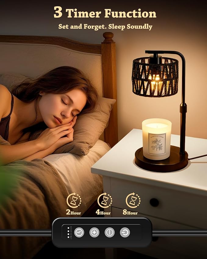 Candle Warmer Lamp, Timer Dimmable Candle Lamp, Adjustable Height and Brightness Candle Warmer, Black Boho Rattan Lampshade and 2 Bulbs, Suitable for Home Decor, Birthday Gifts for Women Mom