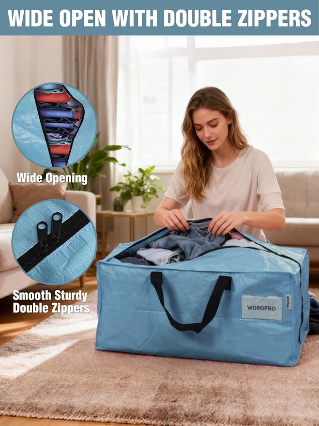 WORKPRO 4 Pack Extra Large Moving Bags with Zippers & Carrying Handles Backpack Straps, Heavy-Duty Storage Tote for Space Saving & Storage, Alternative to Moving Box (Dusty Blue)