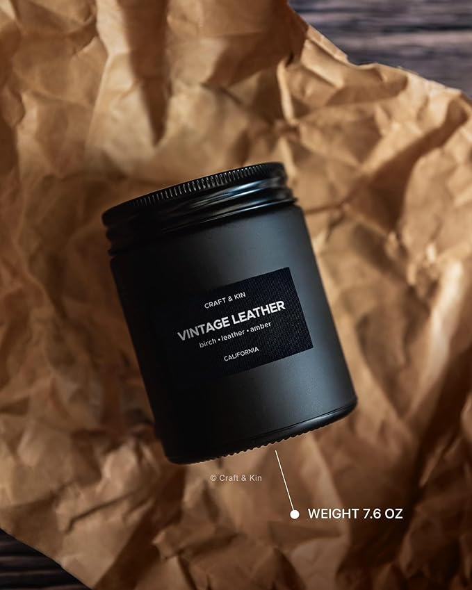 Craft & Kin Premium Vintage Leather Candle | Black Scented Candles for Men | Long Lasting with 45 Hour Burn Time, 7.6oz | Soy Candles | Aromatherapy at Home | Gifts for Men