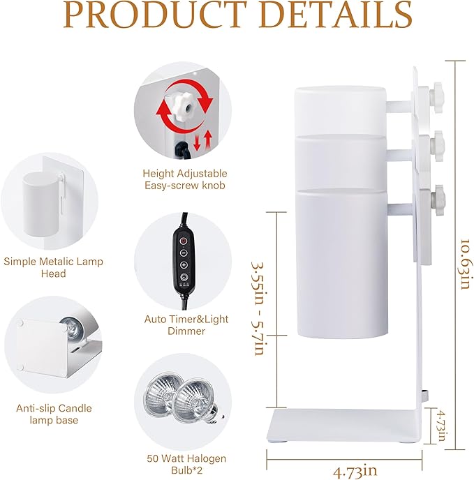 White Candle Warmer Lamp with Timer & Dimmable, Height Adjustable Flameless Candle Warmer for Jar Candles, 2 Bulbs Included, Gifts for Mom, House Warming New Home Bedroom Decor