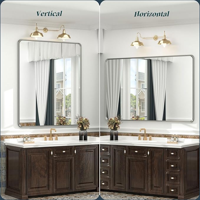 OKPAL 44 x 30 Inch Silver Bathroom Mirror for Wall, Brushed Nickel Bathroom Vanity Mirror, Rounded Rectangle Beveled Silver Framed Mirror, Anti-Rust, HD Tempered Glass(Horizontal/Vertical)