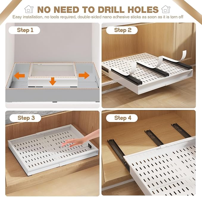 2 Pack Pull Out Cabinet Organizer With Raising Pad for Framed Cabinets,Expandable Width (13"-21") and Depth (13"-17"),3 Slide Rails Slide Out Drawers with Handle,No-Drill Roll Out Shelf,White