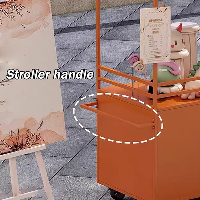 JKGHK Vending Iron Cart with Canopy, 4-Wheel Portable Mobile Dining Market Stall, Outdoor Dining Carts Market Stall, for Street Food, Handicrafts, Snacks(Red white,100cm/39.3in)