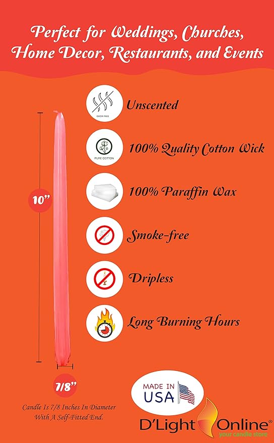 D'light Online Elegant 10" Unscented Coral Taper Candles, Premium Quality Hand-Dipped Tapered Candles, Dripless and Smokeless - Set of 12 Individually Wrapped (10 Inch, Coral)