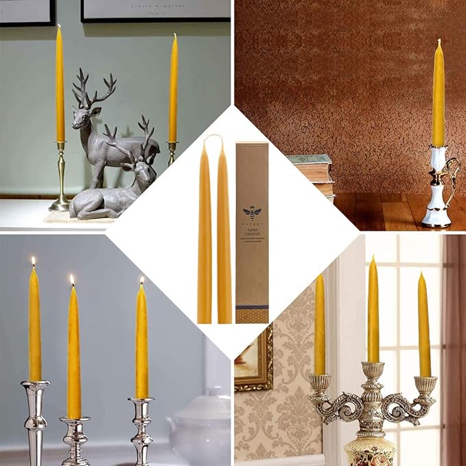 10 inch Natural Beeswax Taper Candles Set of 12, DEYBBY Smokeless and Dripless Beeswax Candles, 9Hrs Burn Time, Nontoxic