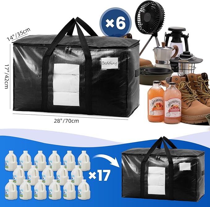 TAILI Extra Large Moving Bags, 6 Pack Black Heavy Duty Totes For Storage with Visible Window, Wrap Around Handles, Storage Bags for Space Saving, Alternative to Moving Boxes