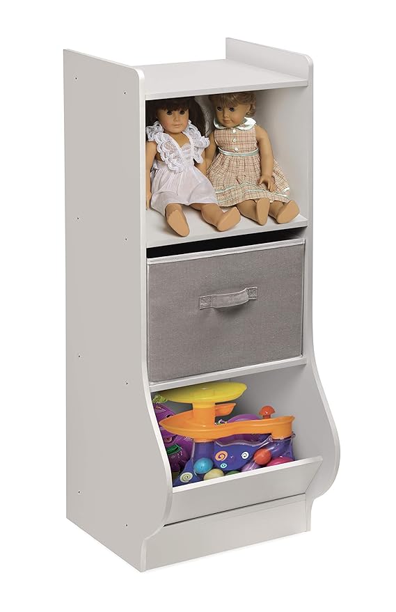 Badger Basket Upright Storage Nook with Reversible Basket - Melamine Surface, 2 Shelves & 1 Angled Bin, Customizable Storage Solution for Kids - White