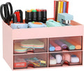 LETURE Office Desktop Organizer with Drawer, Desk Top Accessories Stationary Organizer Desk Caddy, Pen/Pencil/Business Card/Sticky Note Tray/Paperclip Holder Storage Box (Pink)