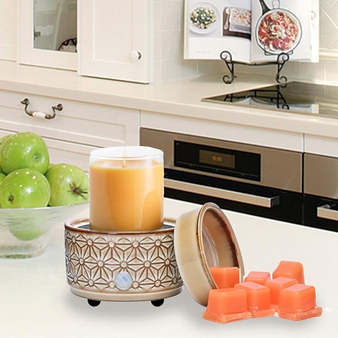 ASAWASA Ceramic Wax Melt Warmer - 3 in 1 Electric Wax Candle Burner Melter for Home Decor Gift (Brown Hexagon Pattern)
