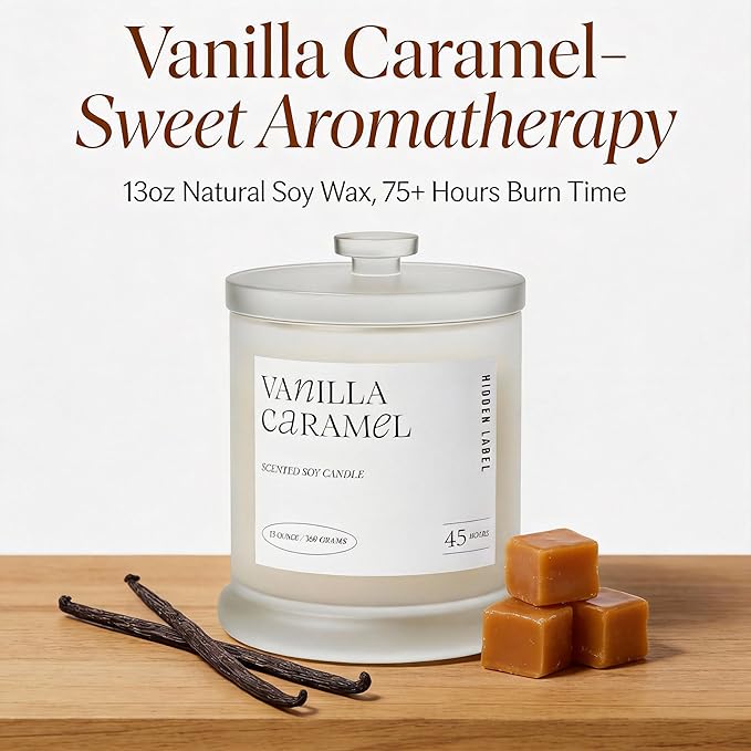 Vanilla Caramel Scented Candle, 13oz Natural Soy Wax Non Toxic, 2 Wick Large Aromatherapy Candles for Home Scented, 75hours Clean Burn,Long Lasting Big Jar Candles for Women,Stress Relief & Relaxation