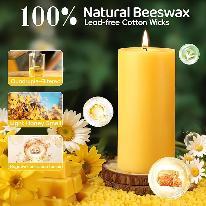 3 Pack Natural Beeswax Pillar Candles,100% Pure Beeswax Candles-285 Hours Long Burning,2.8x6in Unscented Bees Wax Candle for Home,Prayer,Emergency,Dripless Smokeless Organic Pillar Candle Bluk
