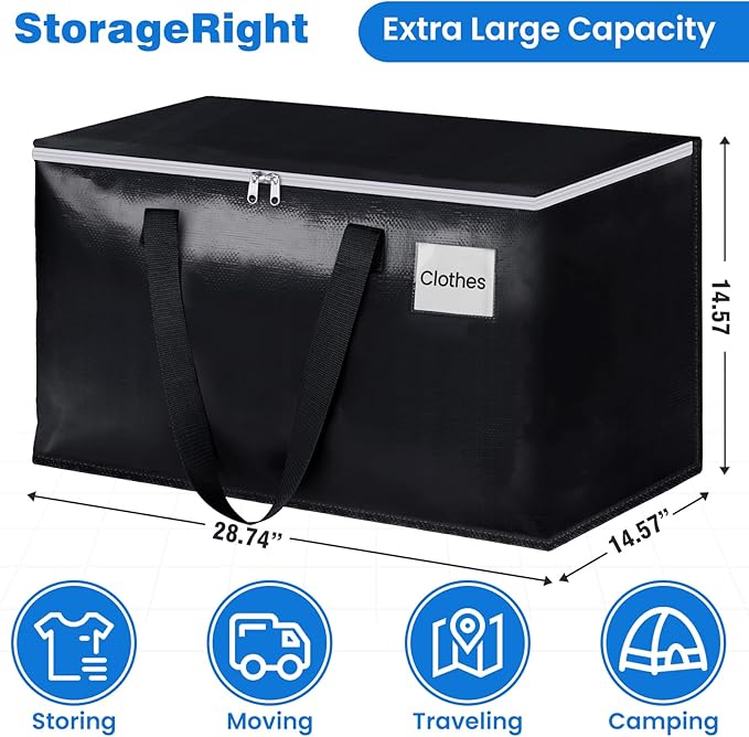 StorageRight Large Moving Bags Heavy Duty Storage Totes for Storage,Packing & Moving Collapsible Moving Supplies with Large Capacity, Reinforced Zippers and Handles, 100L, 8 Packs
