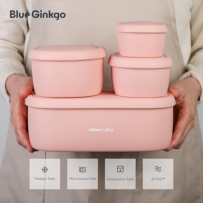 BLUE GINKGO Nesting Silicone Containers - Large Silicone Food Storage Container | BPA Free, Airtight, Dishwasher and Freezer Safe (47.5 oz) - Pink