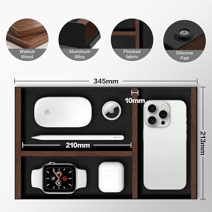 Desk Drawer Organizer Tray With Removable Magnetic Wooden Strip,Freely Adjustable Space,Made of Aluminum and Walnut,Valet Tray for Mens,Desk Accessories for Office/Home/Nightstand
