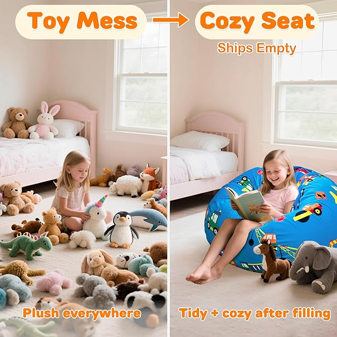 Lukeight Construction Stuffed Animals Storage Bean Bag Chair Cover Only (Ships Empty, No Filling) - Velvet YKK Zipper Beanbag Cover for Toddlers Kids, Washable Plush Toy Organizer, Large 27" D x 16" H