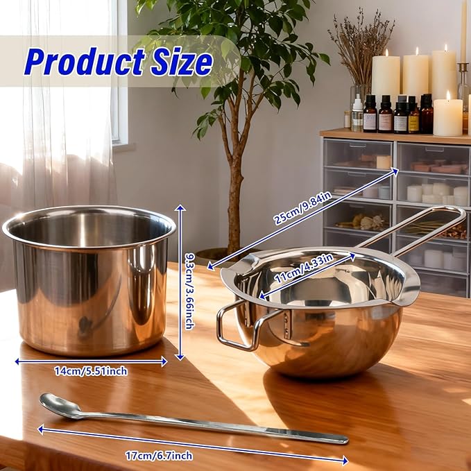 Double Boiler Melting Pot Set for Candle Making, 3-Piece Stainless Steel Wax Melter with Pouring Pot, Ideal for Soy Wax, Beeswax, Candle Making Supplies