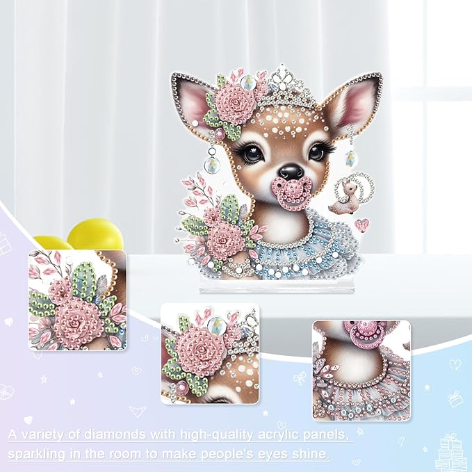 antor DIY Diamond Painting Desktop Ornament Kit, Acrylic Tabletop Diamond Art Decoration, Special Shape Diamond Painting Figurine Ornaments DIY Crafts Gift, Deer with Pink Rose Crown