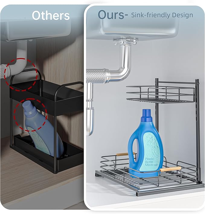 Delamu Under Sink Organizer, Height Adjustable Under Sink Organizers and Storage, Slide Out Under Sink Storage Shelf for Kitchen Bathroom Pantry Cabinet