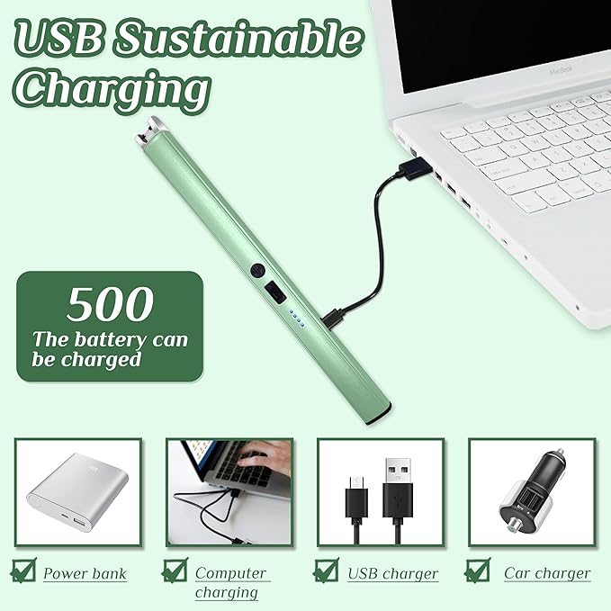 2 PCS Candle Lighter,Windproof Flameless Electric Lighter with LED Power Display ＆ Safety Switch, Upgraded Plasma USB Rechargeable Lighters for Birthday Camping BBQ (Green)