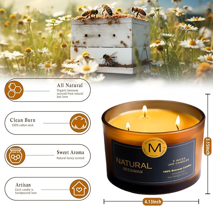 3-Wick Beeswax Candles in Jar, Natural Beeswax Candles in Amber Glass for Air Purification, Honey Aroma Jar Candle for Home Scented Decor, Gift for Women & Men, Fragrance Free, Paraffin Free