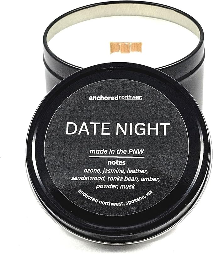 Anchored Northwest - Date Night Travel Tin Candle, 6oz BlackMetal Tin, American Cedar Wood Wick, Hand Poured, Essential Oil Blend 100% Soy Wax, 35+ Hour Burn