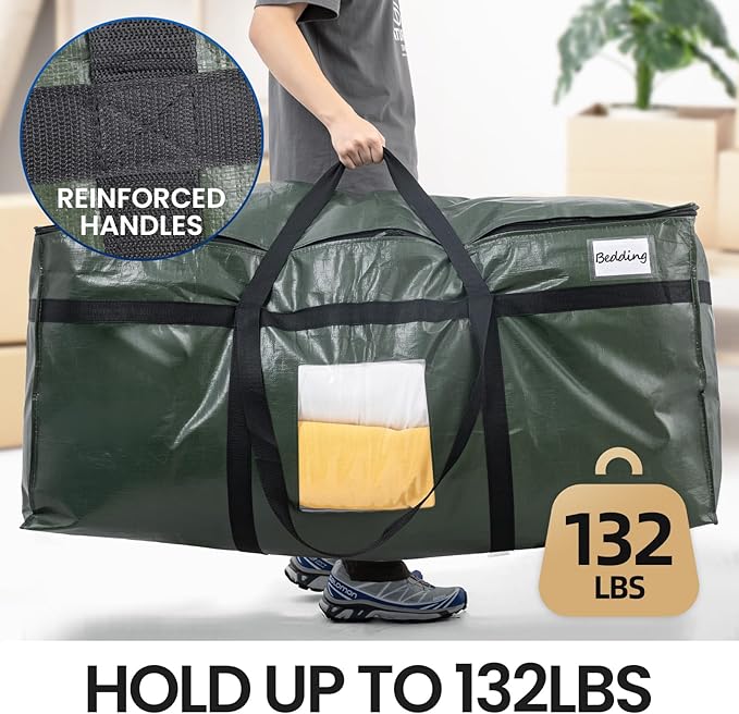 TAILI 69 Gallon Extra Large Storage Bags, XXL Green Heavy Duty Moving Bags For Storage with Visible Window, Wrap Around Handles, Totes for Space Saving, Alternative to Moving Boxes (2 Pack)
