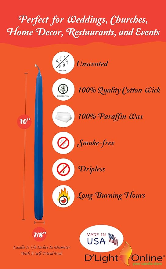 D'light Online Elegant 10" Blue Gradient Taper Candles Premium Quality- Unscented, Hand-Dipped Tapered Candles, Dripless and Smokeless - Set of 12 (10 Inch, Blue Gradient)