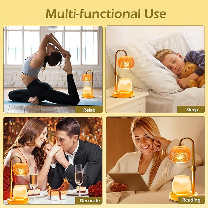 LOFTEK Candle Warmer Lamp with Timer - Dimmable - Adjustable Height, Electric Wax Melt Warmer Lamp with 2 Bulbs for Scente, Jar Candles, Vintage Home Room Decor, Warming Gift for Women, Gold Flower
