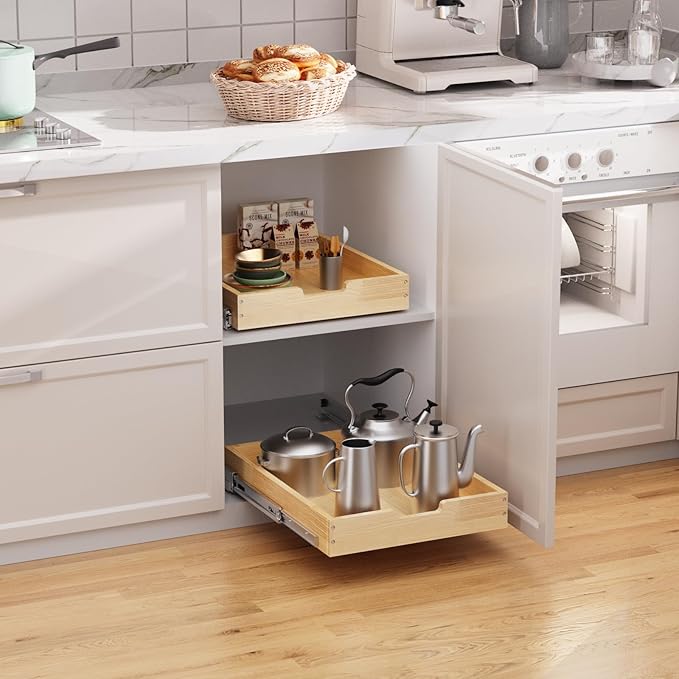 Sikarou Wood Pull Out Cabinet Organizer 11" W x 21" D, for 12" Cabinet Opening Heavy-Duty Sliding Drawers for Inside Cabinets Storage and Organization for Kitchen